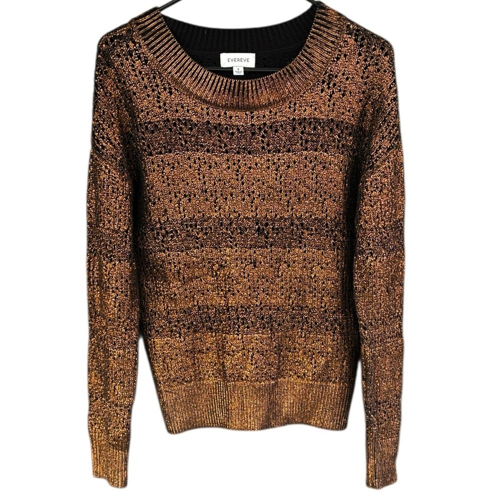Like New Metallic Coated Loose Weave Sweater Gold Black Size